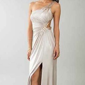 Champagne one shoulder gown with gold crystals 3/4